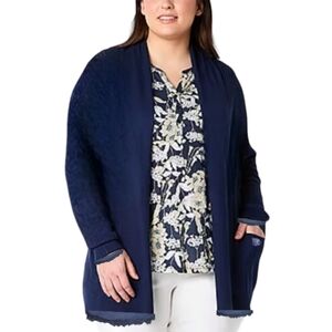 Julie Mango Fringe Detail Rosette Pocket Foldover High Neck Blue ZipUp Jacket 3X